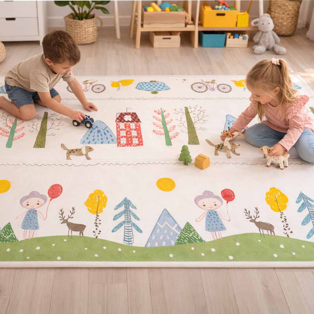 Dvipusis sulankstomas edukacinis putplasčio kilimėlis„Meškiukas ir medžiai“ 150 × 200 cm