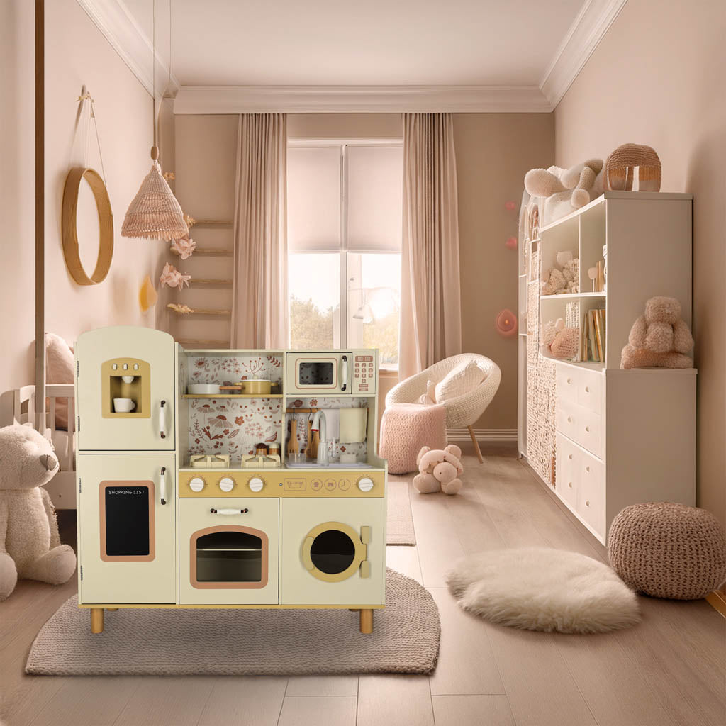 MEDINĖ VAIKIŠKA VIRTUVĖLĖ IŠ MDF + PRIEDAI ŠVIESOS, VANDUO, GARSAI - KŪRYBINIS ŽAIDIMAS