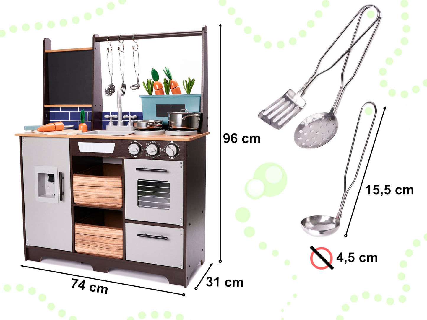 Medinė vaikiška virtuvėlė iš MDF su priedais, 96 cm