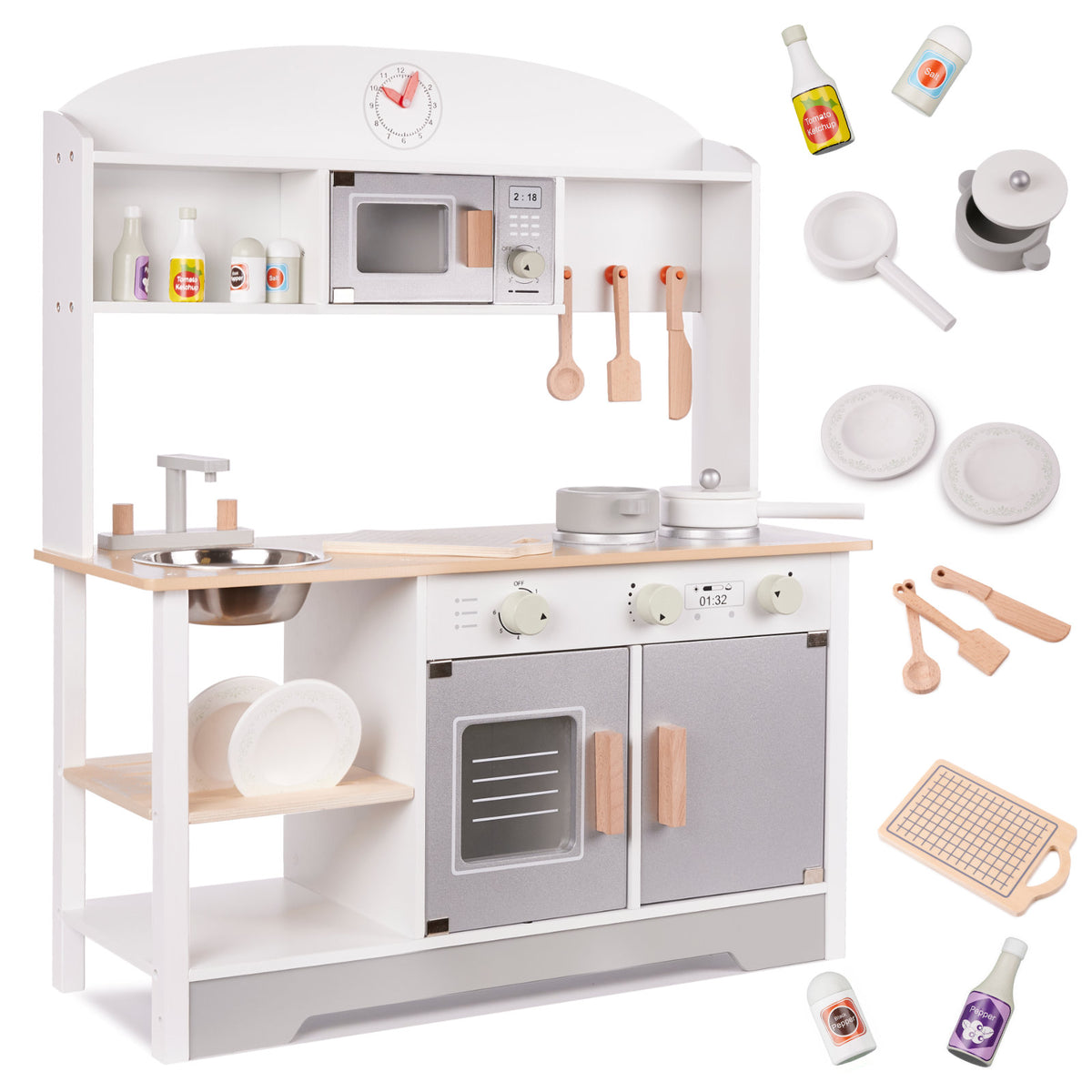 Medinė vaikiška virtuvėlė iš MDF su priedais 82 cm, pilka
