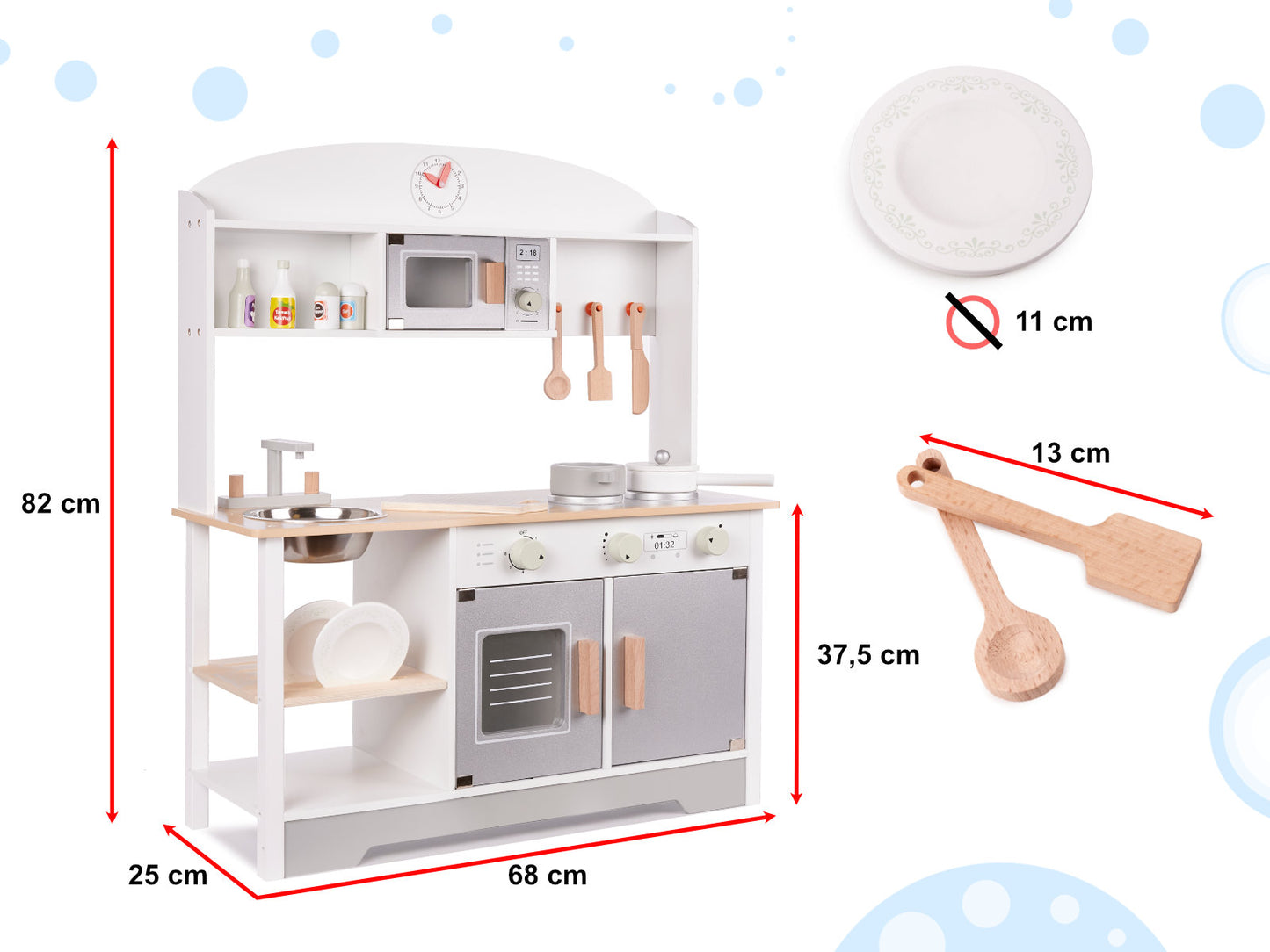 Medinė vaikiška virtuvėlė iš MDF su priedais 82 cm, pilka