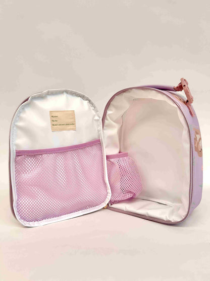 Tamsiai rožinė keliautojų pietų kuprinė