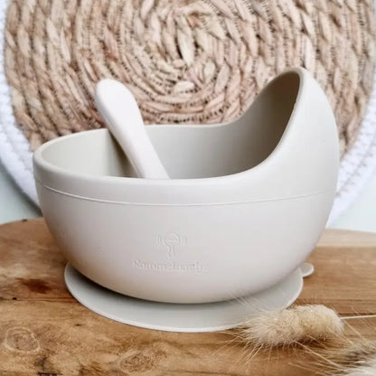 Silikoninis dubenėlis su šaukšteliu – smėlio spalvos