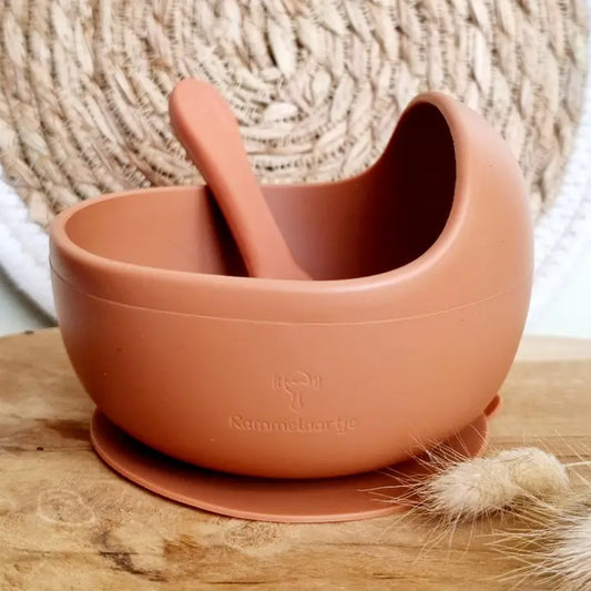 Silikoninis dubenėlis su šaukšteliu – oranžinės spalvos