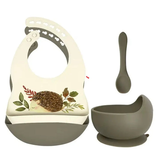 Silikoninių seilinukų, dubenėlio  ir šaukštelio rinkinys