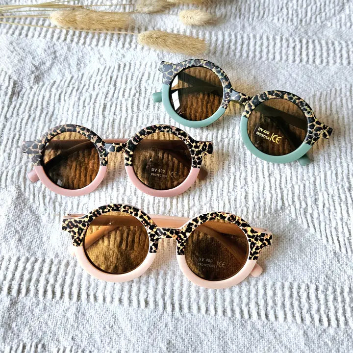 Vaikiški apvalūs saulės akiniai su UV400 apsauga – rožinės / leopardo rašto