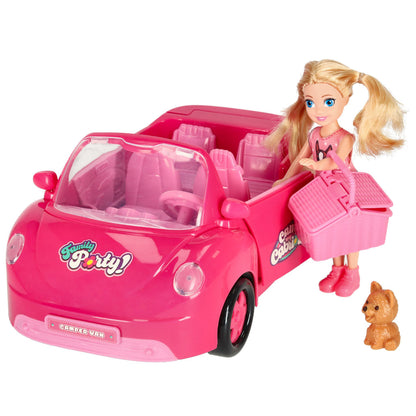 LĖLIŲ AUTOMOBILIS KABRIOLETAS PIKNIKO RINKINYS PUPPY PINK 4 EL.