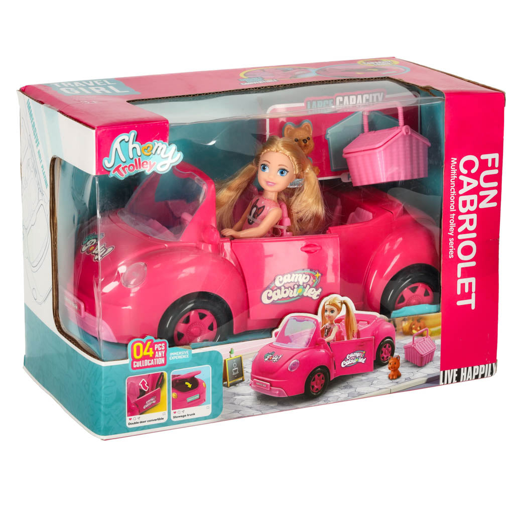 LĖLIŲ AUTOMOBILIS KABRIOLETAS PIKNIKO RINKINYS PUPPY PINK 4 EL.