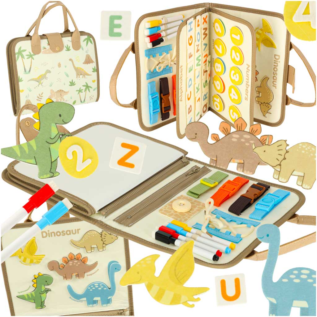 MONTESSORI DINOZAURŲ MANIPULIATORIŲ LENTA - SENSORINIS ŽAISLAS VAIKAMS, MOKOMASIS APLANKAS - SAVARANKIŠKUMAS IR VYSTYMASIS