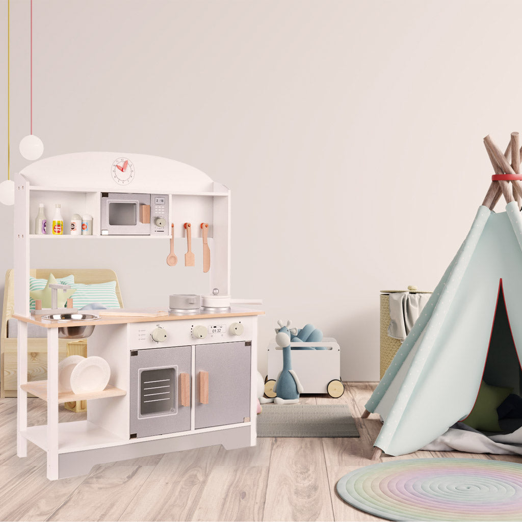 Medinė vaikiška virtuvėlė iš MDF su priedais 82 cm, pilka
