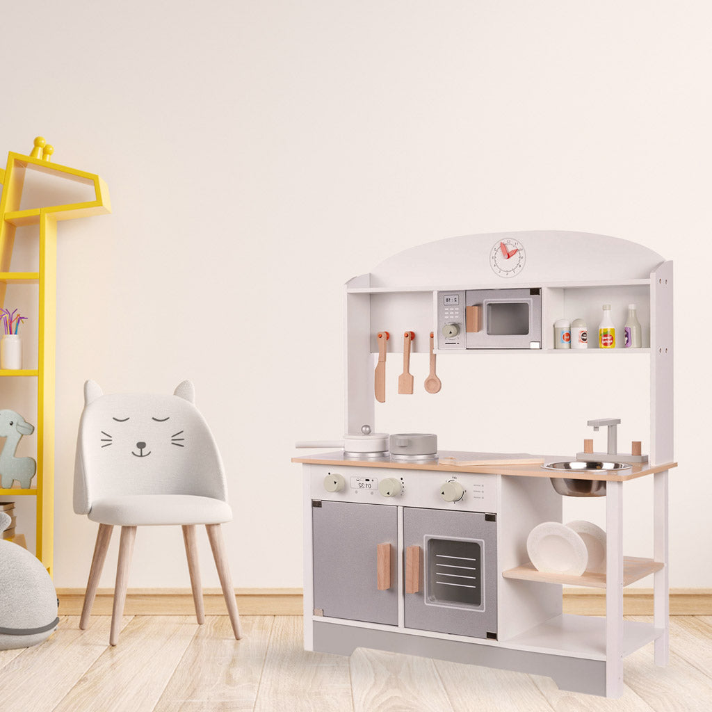 Medinė vaikiška virtuvėlė iš MDF su priedais 82 cm, pilka